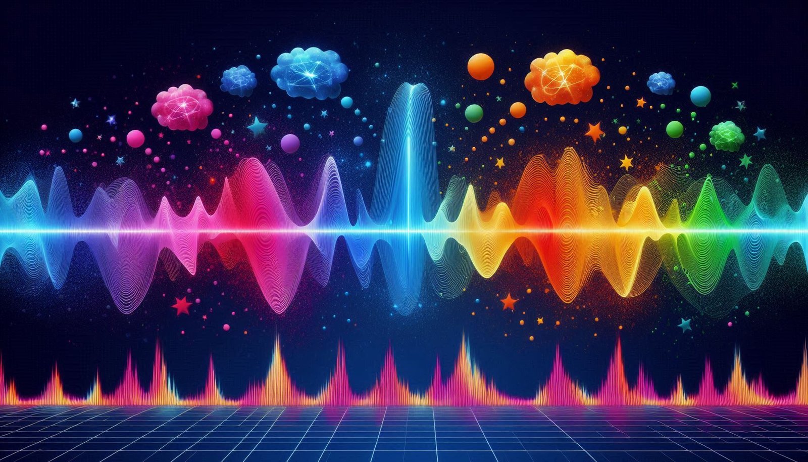 A colorful frequency wave with thought bubbles.