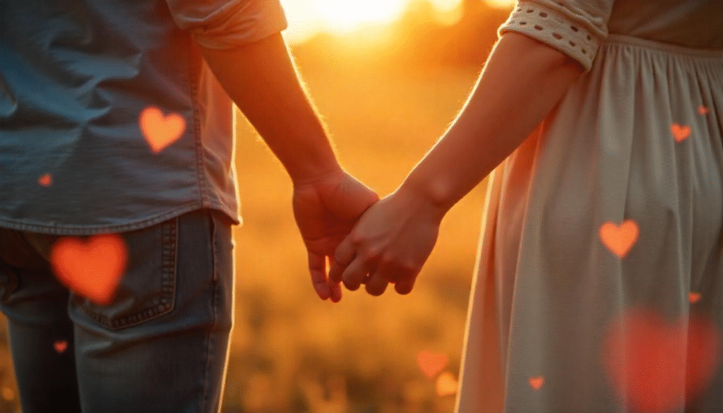 A couple holding hands, surrounded by hearts.