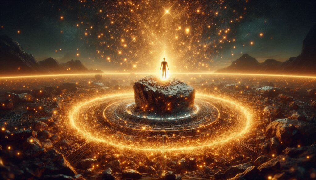 A lodestone with iron filings, and a person surrounded by a glowing field.