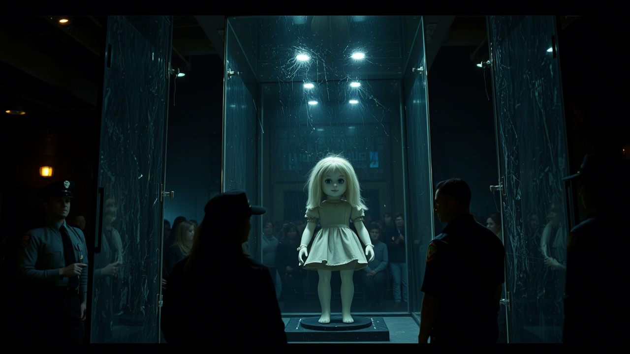 Annabelle doll inside a reinforced glass case at a haunted location, surrounded by visitors and security