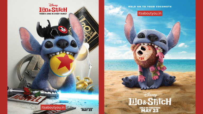 Maia Kealoha as Lilo hugging CGI Stitch on a sunny Hawaiian beach, with palm trees and blue ocean in the background.