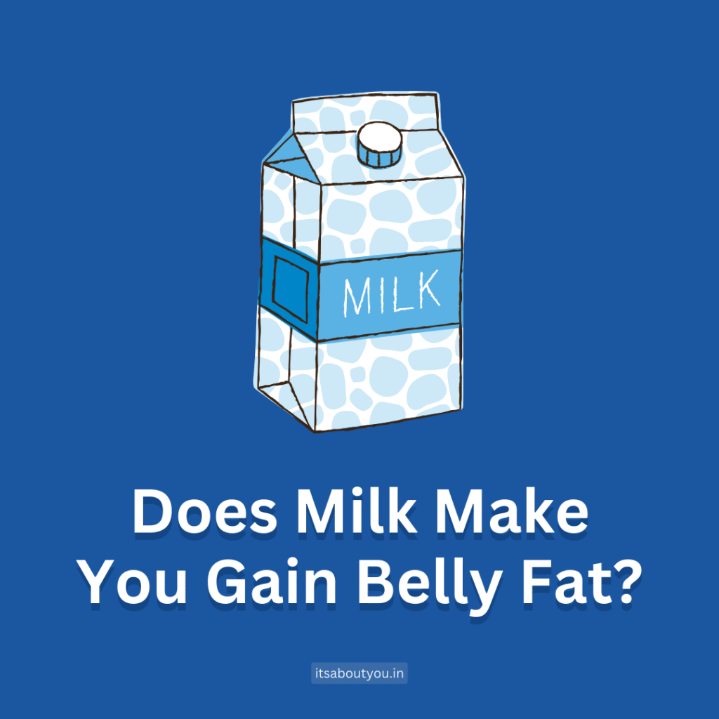 Illustration of a milk pouch with the question "Does Milk Make You Gain Belly Fat?" written on it.