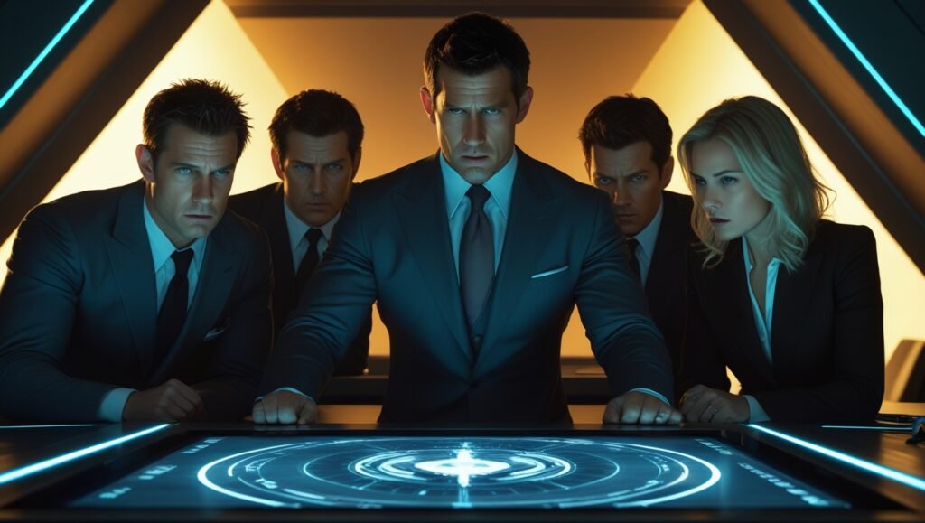 Ethan Hunt (Tom Cruise) and team in a tense briefing room, high-tech gadgets, dramatic lighting