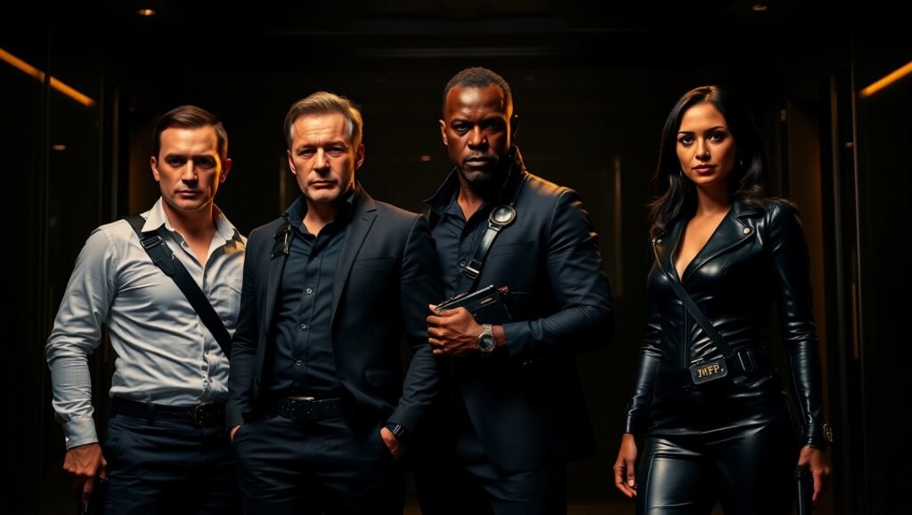 Group shot of the IMF team, all main characters together, dramatic lighting, cinematic style, ready for their next mission