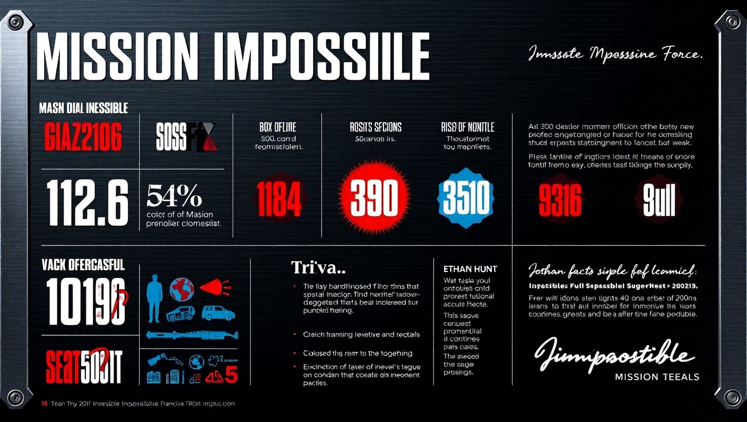 Infographic of Mission Impossible franchise milestones, box office numbers, and fun facts
