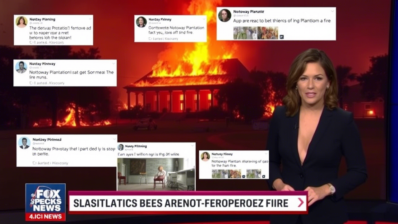 News footage of the Nottoway Plantation fire, with social media posts superimposed
