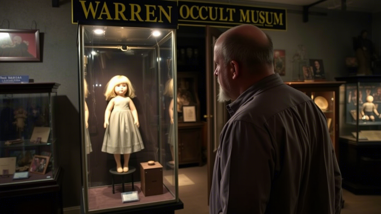 Screenshot of Dan Rivera from NESPR in the Warren Occult Museum, showing Annabelle in her case