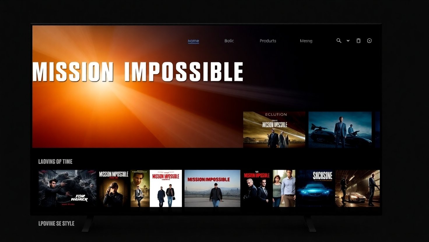 Streaming interface with Mission Impossible movies highlighted, modern UI, vibrant colors