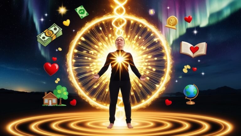 Person manifesting desires through the Law of Attraction with glowing symbols of success, love, and wealth in a cosmic energy field