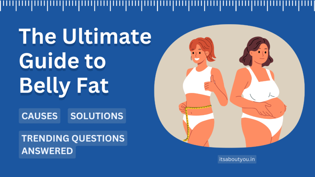 Illustration of two women in white activewear, one measuring her waist and another with visible belly fat, representing belly fat causes and solutions