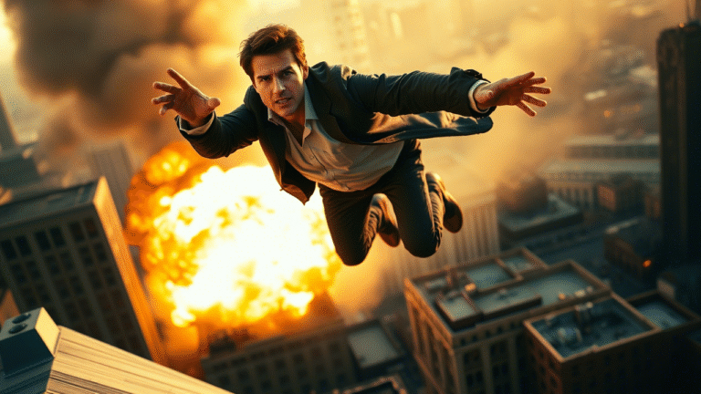 Tom Cruise as Ethan Hunt in Mission Impossible action scene