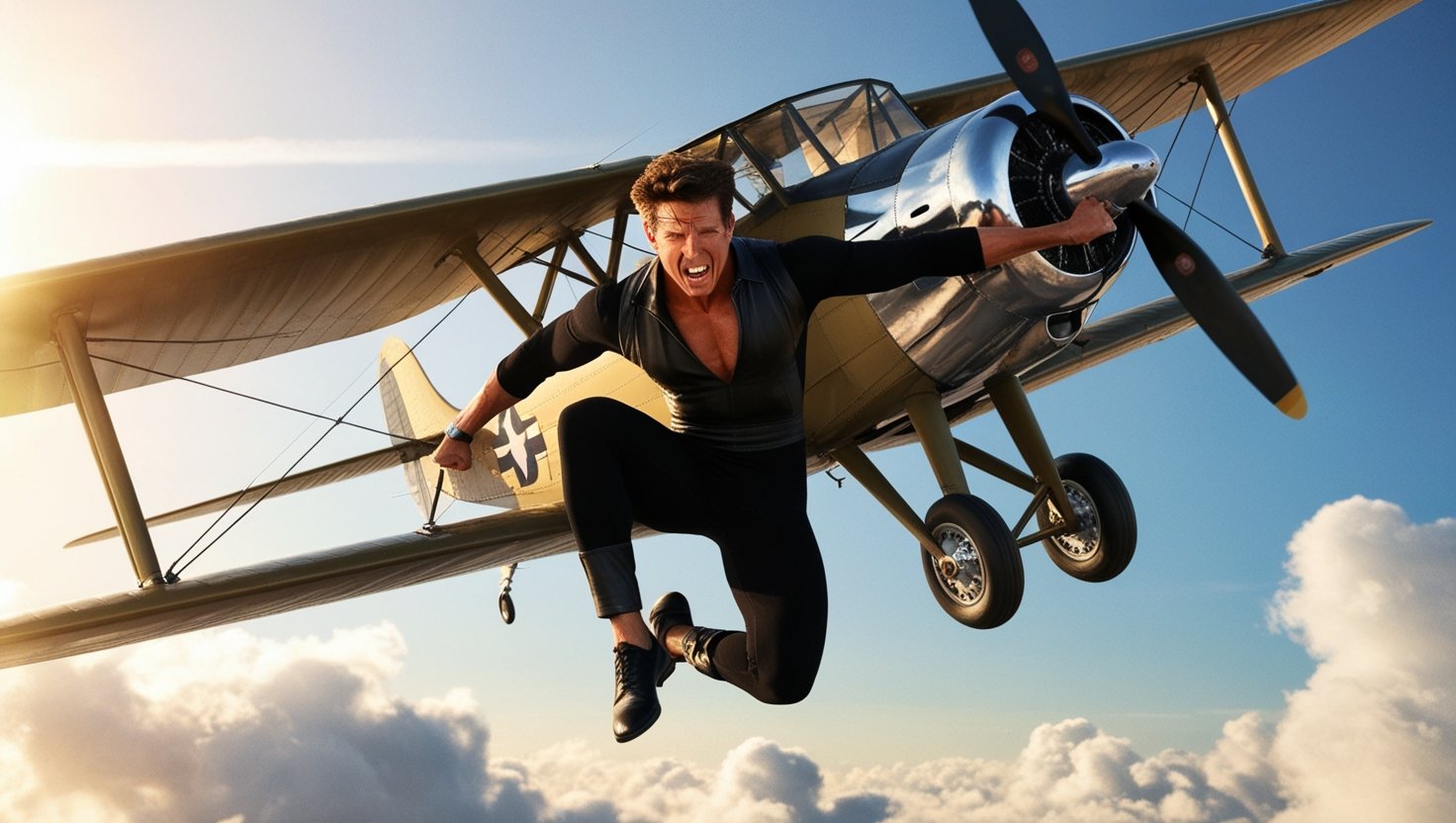Tom Cruise performing a real-life stunt, such as hanging from a plane or scaling a skyscraper, high realism, action-packed