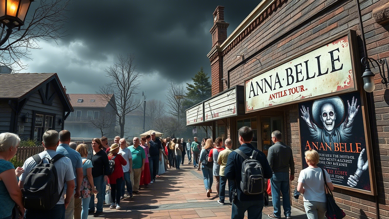 Tourists lining up outside a haunted location, Annabelle’s tour poster visible