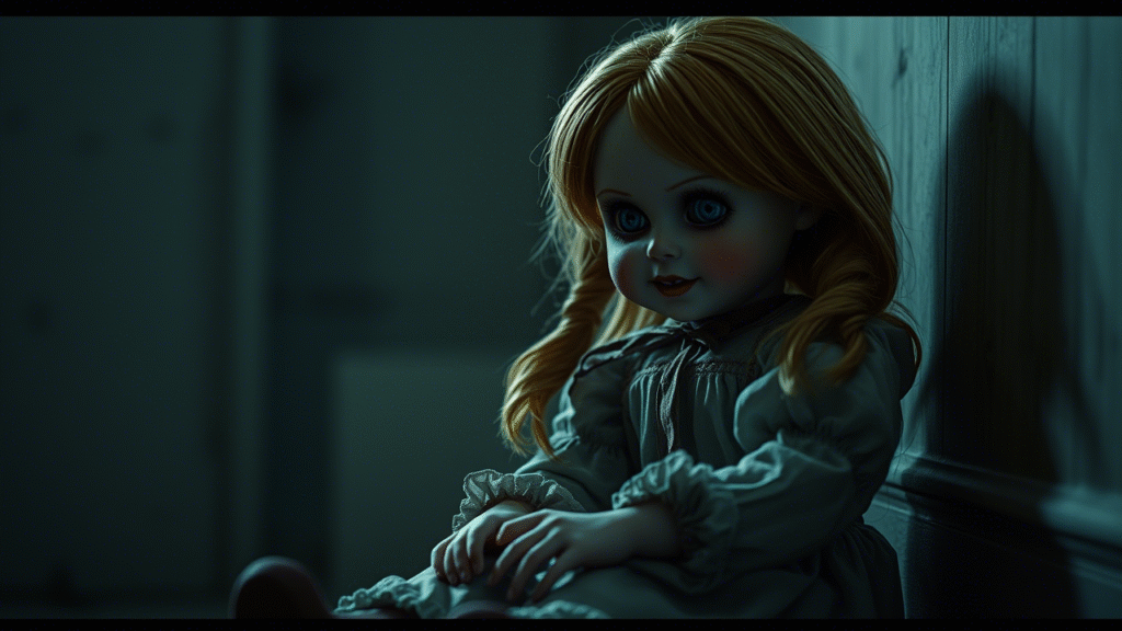 Annabelle doll in a glass case surrounded by paranormal experts during the 2025 tour
