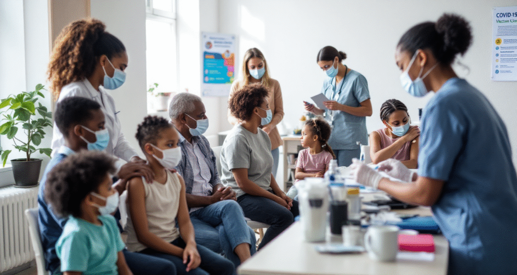 People of different ages getting COVID-19 vaccines in a clinic in 2025