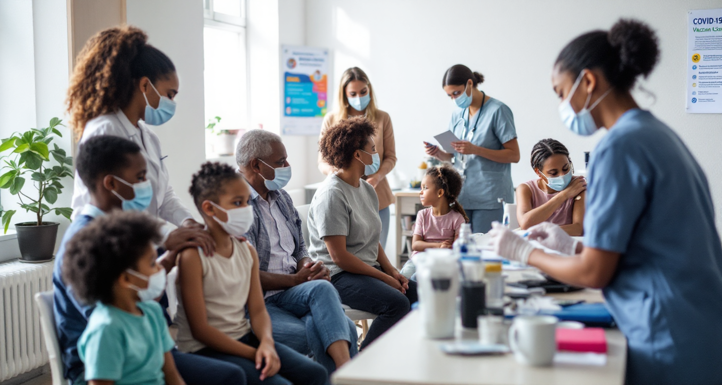People of different ages getting COVID-19 vaccines in a clinic in 2025