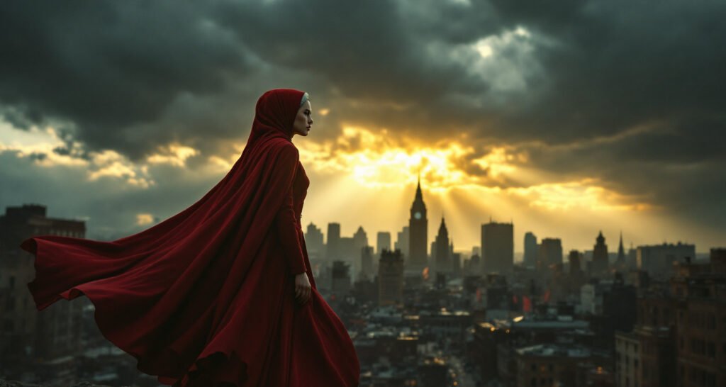 Handmaid in red cloak overlooking a liberated city as sunlight breaks through clouds