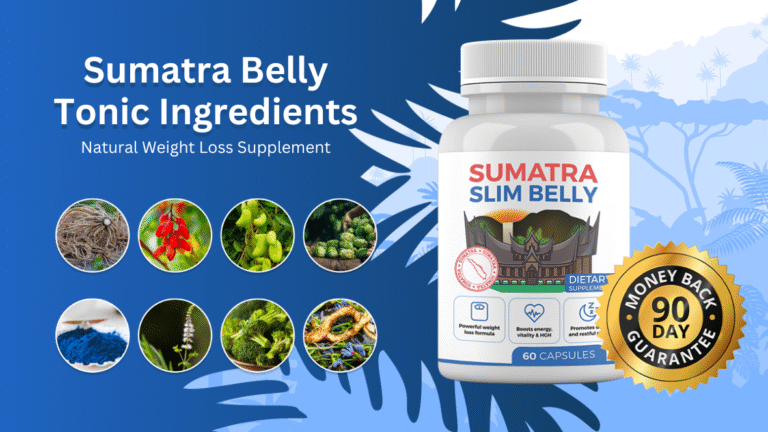 Sumatra Belly Tonic bottle surrounded by natural ingredients like valerian root, blue spirulina, and hops