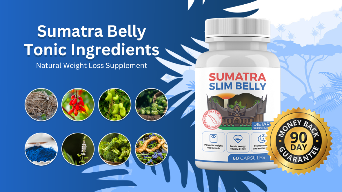 Sumatra Belly Tonic bottle surrounded by natural ingredients like valerian root, blue spirulina, and hops