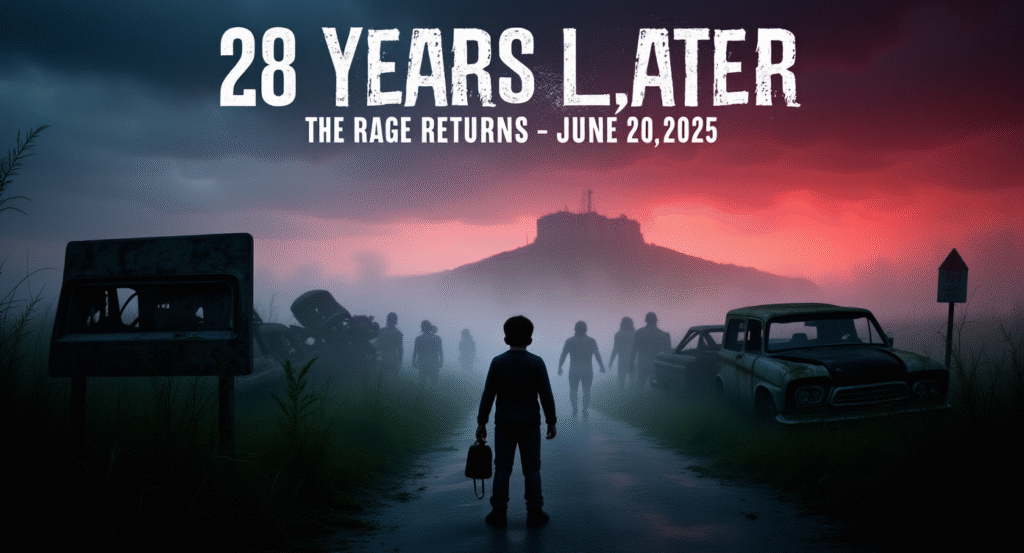 Post-apocalyptic scene from 28 Years Later featuring a boy on a foggy causeway with infected behind him.