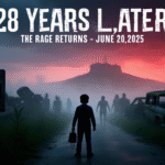Post-apocalyptic scene from 28 Years Later featuring a boy on a foggy causeway with infected behind him.