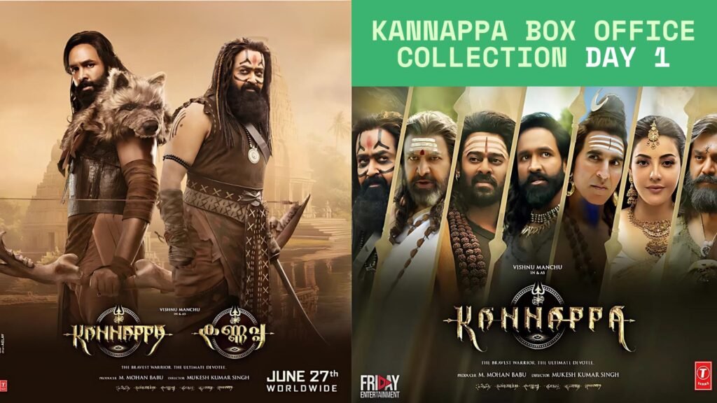 Vishnu Manchu as Kannappa in a powerful pose with bow and arrow, mythological backdrop, official movie poster.