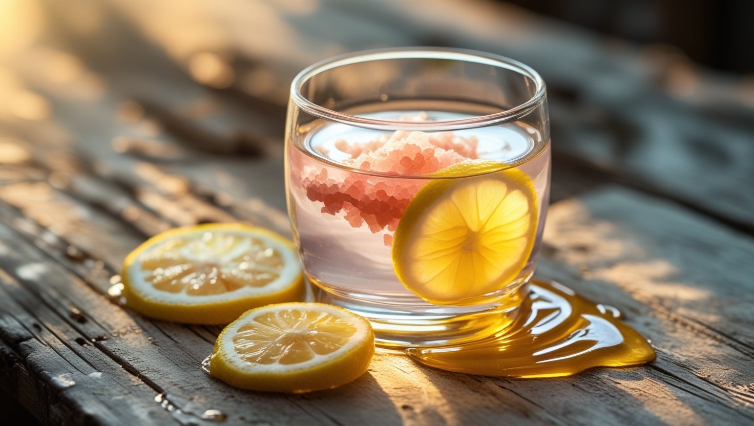Himalayan pink salt weight loss drink with lemon and honey in a glass