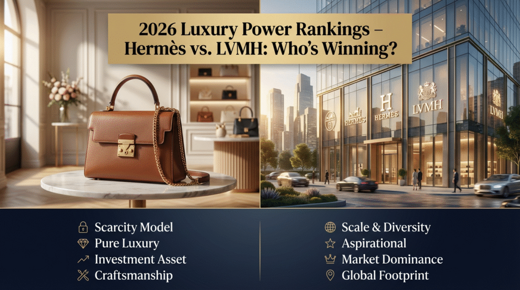 Editorial photo of a high-end luxury storefront illustrating the 2026 luxury market shift between LVMH scale and Hermès scarcity.