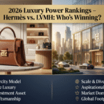 Editorial photo of a high-end luxury storefront illustrating the 2026 luxury market shift between LVMH scale and Hermès scarcity.